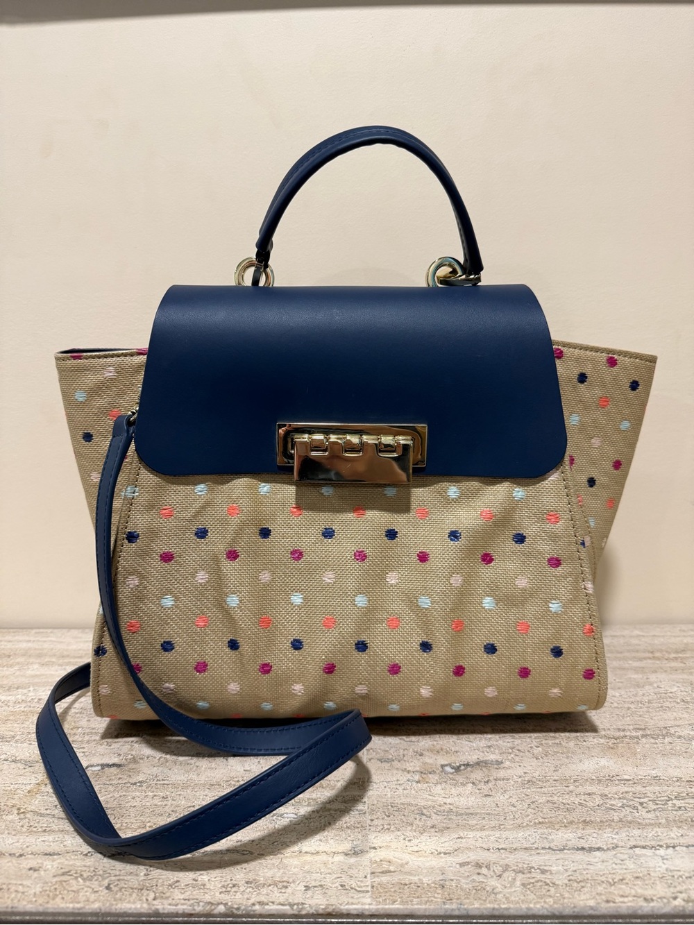 Zac Posen Navy and Beige Polka Dot Top-Handle Shoulder Eartha Bag